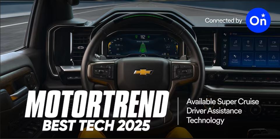 Close-up of Chevrolet steering wheel with Super Cruise active, showing driver assistance technology in action